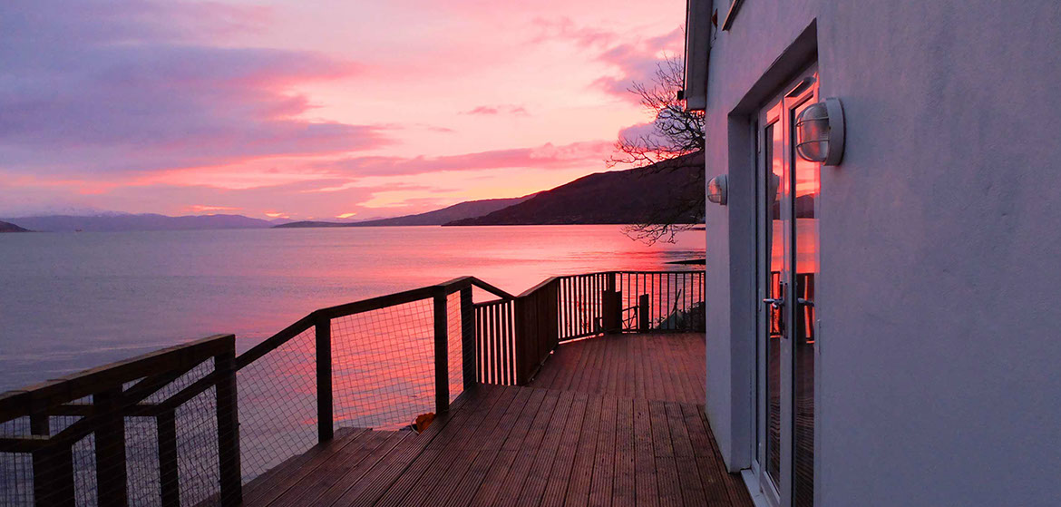 Enjoy stunning sunsets at The Boathouse luxury self catering accommodation in Sconser on the Isle of Skye